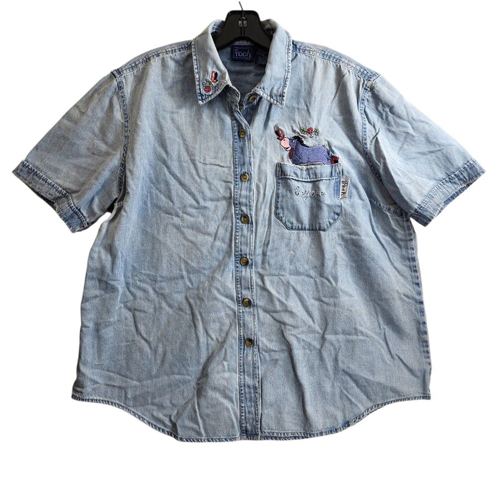 Vintage EEYORE Shirt Womens XL Blue Chambray Embroidered Disney WINNIE The POOH
